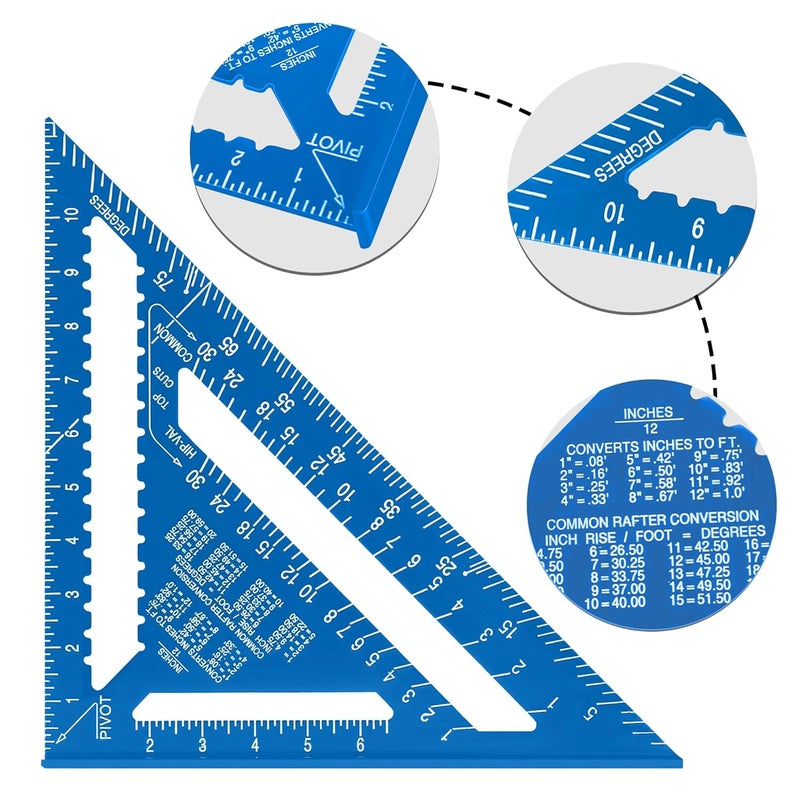 Beslands Aluminum 12-inch Rafter Square Carpenter Measuring Layout Tool Alloy Metal Triangle Ruler Imperial Protractor for Woodworking and Carpentry Blue - Image 3